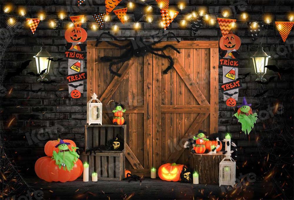 写真撮影のためのkate秋のハロウィーンの背景納屋のドアのカボチャ