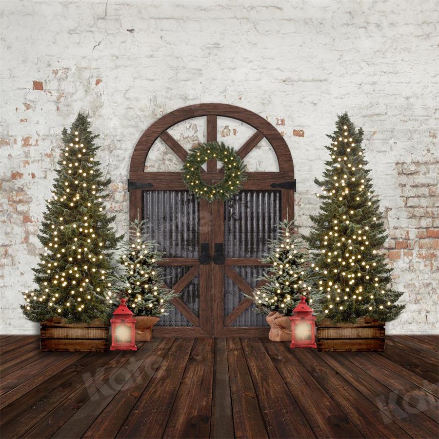 kateクリスマスツリーの背景写真撮影のための納屋のドアのレトロ