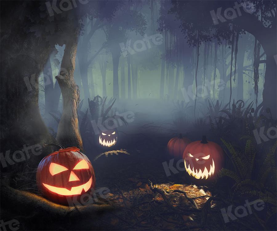 写真撮影のためのkateハロウィーンのカボチャの背景の森の夜