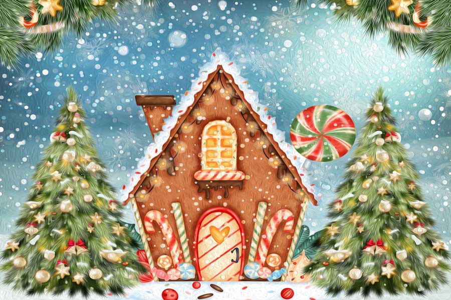 Kate写真撮影のためのクリスマスの油絵の背景キャンディハウス