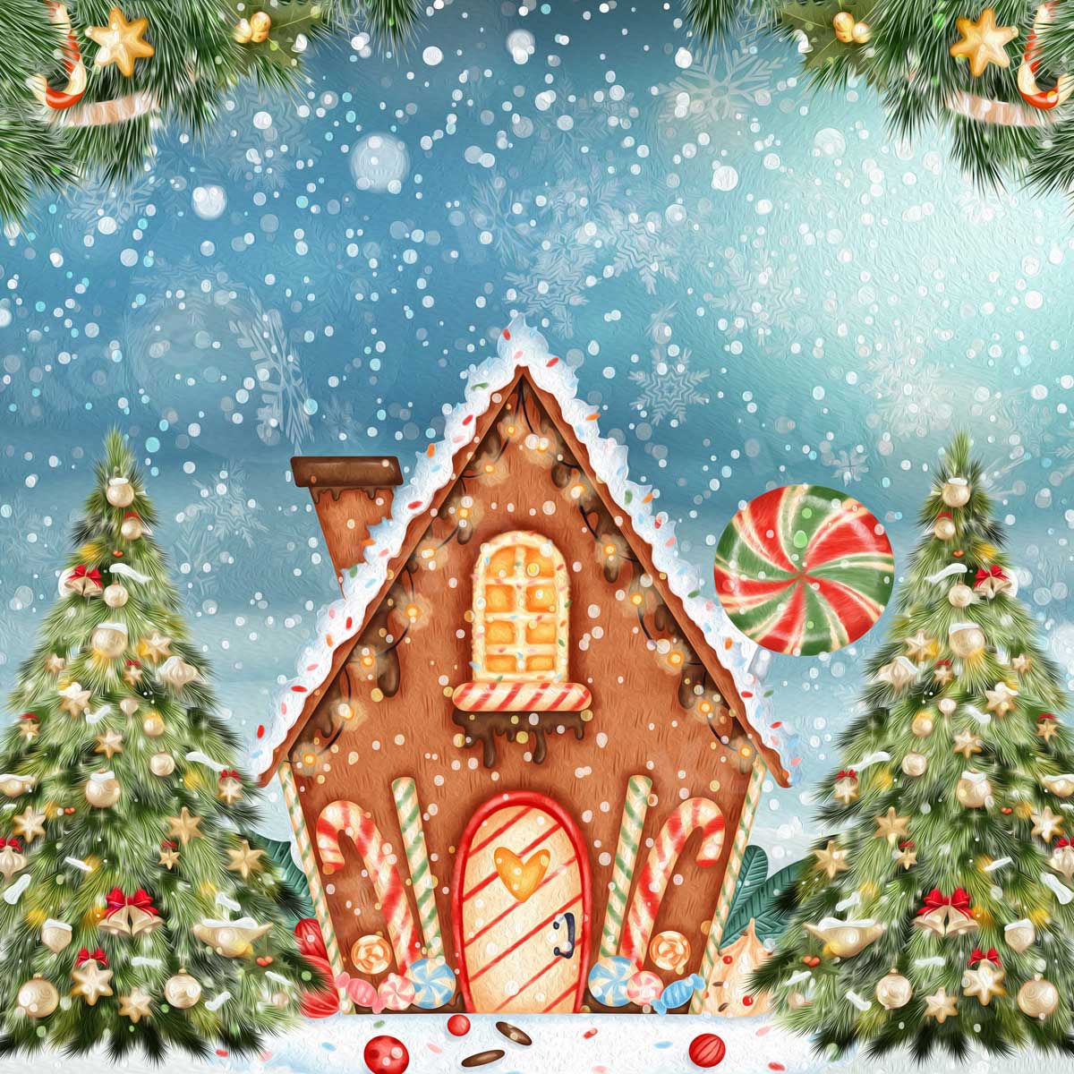 Kate写真撮影のためのクリスマスの油絵の背景キャンディハウス