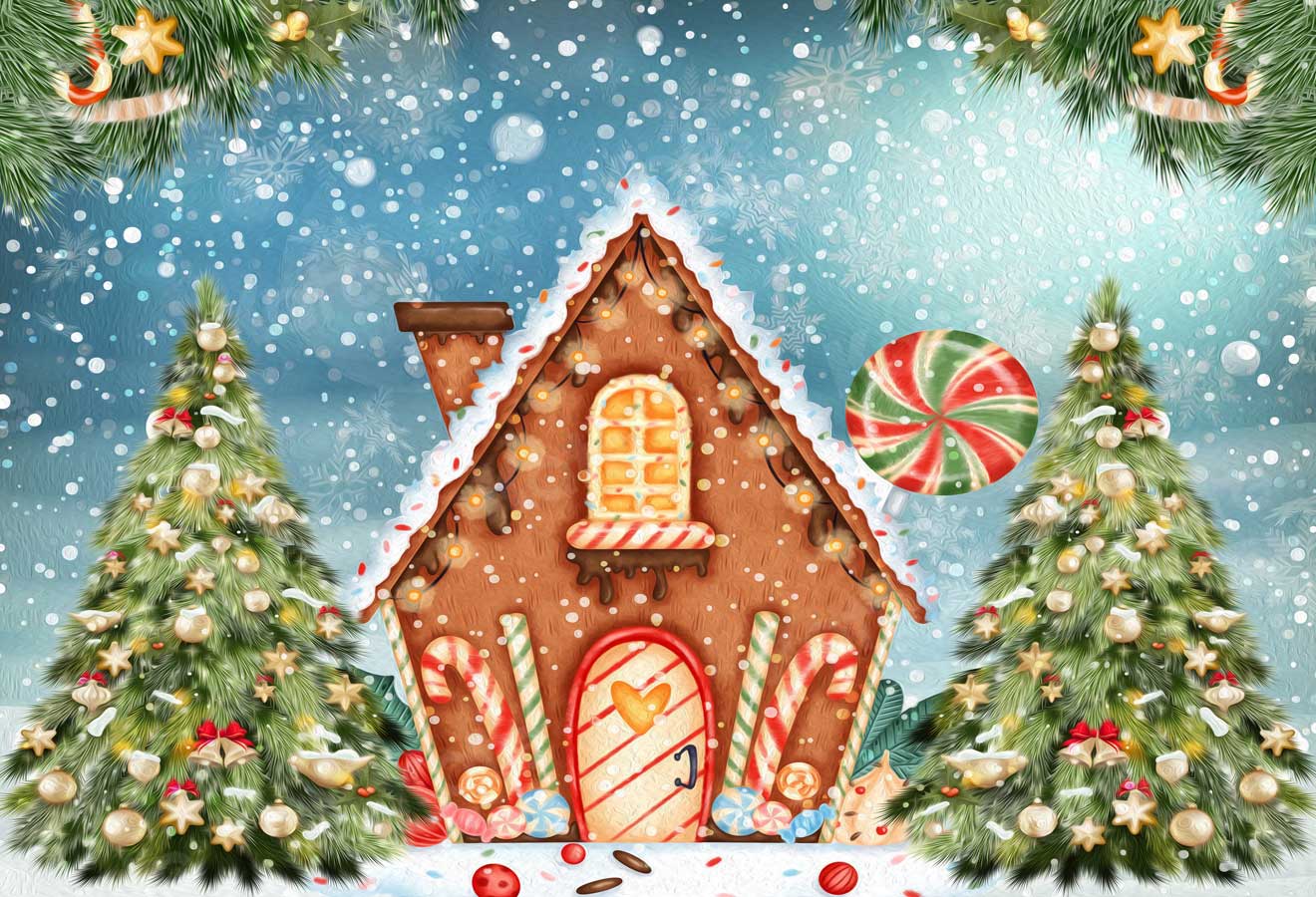 Kate写真撮影のためのクリスマスの油絵の背景キャンディハウス