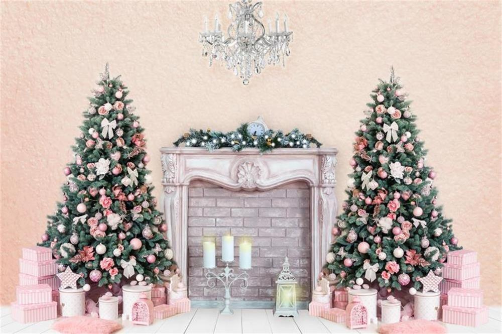 写真撮影のためのkateつのクリスマスツリーの背景暖炉ピンクの壁